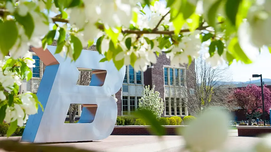 The Boise State B sculpture on campus in spring